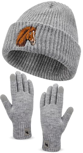 Geyoga Pferd Motiv Geschenke für Frauen Mütze Handschuh Sets Warme Strickmütze Winter Beanie Mütze Strickhandschuhe Fleecehandschuhe Geschenk für Pferdeliebhaber(Grau, Pferd)