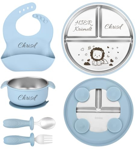 Personalisierter Babyteller mit Saugnapf, Edelstahl Teller Baby mit Namen | Beikost Baby Zubehör Personalisierte Geburtstags und Taufgeschenke (Hellblau)