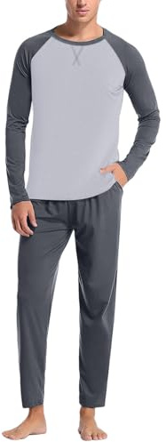 KBOPLEMQ Pijama largo para hombre de algodón, pijamas de dos piezas, cuello redondo, patchwork, ropa de dormir para hombre, pijama con camiseta de manga larga y pantalones de pijama, suave y