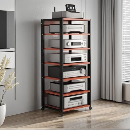 Audio HiFi Regal Rack 7-stufiges HiFi-Rack mit Rollen, AV-Medienständer, Audio-Video-Regal aus Holz & Stahl, Plattenspielertisch mit Verstellbarer Ablage for Wohnzimmer, Schlafzimmer(Brown)