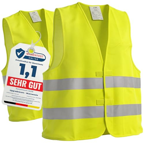 Upgrade4cars Chaleco reflectante coche homologado DGT - Pack de 2 chalecos amarillo fluorescente alta visibilidad EN ISO 20471 CE - Talla única ajustable hasta XXL hombre mujer