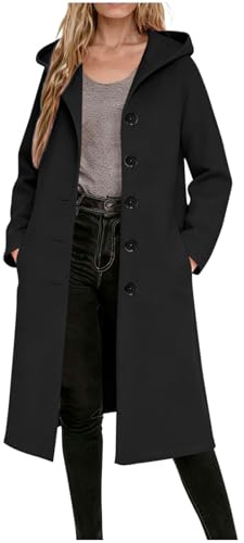 Dyhxuan Wollmantel Damen mit Kapuze Lang Trenchcoat Knöpfe Kapuzenmantel Einfarbig Übergangs Mantel Elegant Wintermantel