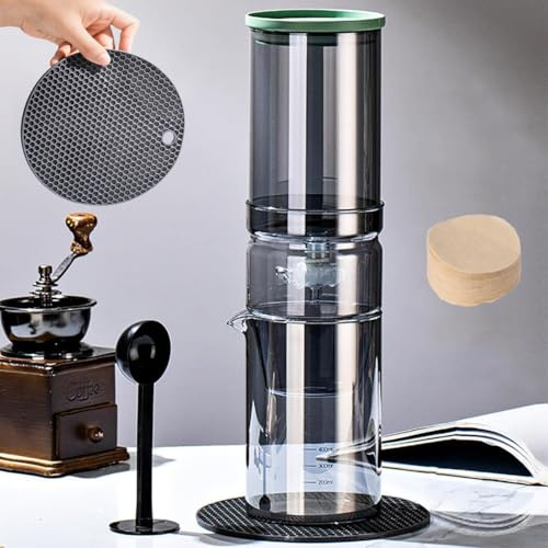 600ml Cafetera De Café Frío, Cafetera De Goteo Con Filtro Ajustable, Cafetera De Vidrio Para Café Frío, Cafetera Para Café Helado, Cuchara, Almohadilla De Goma Y 100 Filtros De Papel