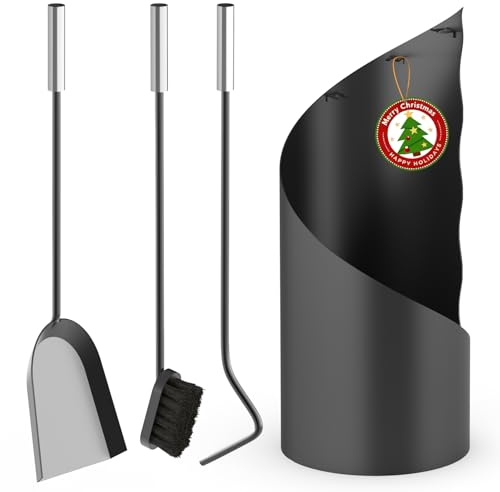 Set d'ustensiles de cheminée Kidsgigglz 3 pièces, accessoires de cheminée en acier inoxydable noir, ustensiles de poêle avec manche en bois, garniture de cheminée pour poêle à bois avec balai de