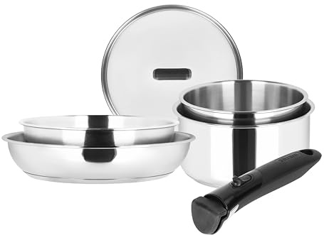 Sitram 717373 Batterie Cuisine 6 pcs 100% Inox : 1 manche amovible, 2 casseroles Ø18,20 cm, 2 poêles Ø20,24 cm, 1 couvercle verre Ø20 cm - Tous feux dont induction - Cuisine Saine Garantie
