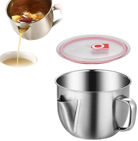 Fat Separator Stainless Steel Gravy Fat Separator Jug 1L Stainless Steel Oil Container with Lid and Handle Kitchen Gravy Separators Strainer Bowl Multipurpose Bacon Grease Container for Kitchen Supply