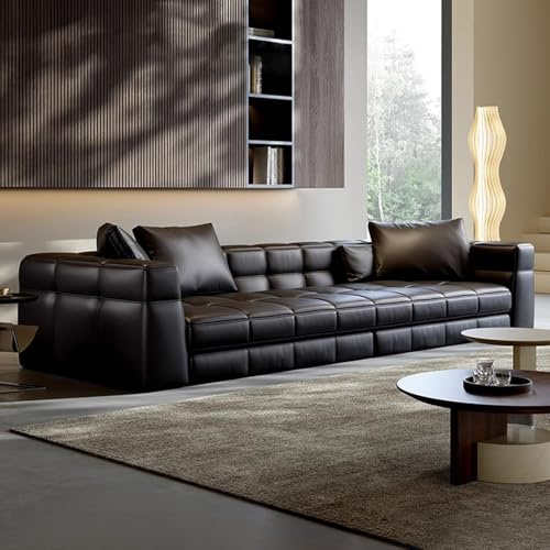 Italiensk lyxig enkel svart lädersoffa, rymlig och mjuk soffa med massiv träram, modern stor storlek, lämplig för vardagsrum/kontor/lägenhet.