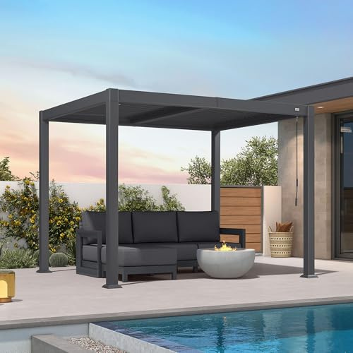 PURPLE LEAF Pergola 2.5 x 3 m Terrassenüberdachung Lamellendach Gartenpavillon Wasserdicht Stabil Winterfest Lamellenpergola verstellbare Alu-Lamellen für Garten & Terrasse, Grau