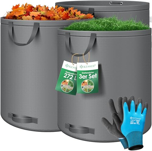 KESSER® Gartensack 3x 272L Set Laubsack Gartenabfallsack inkl. Handschuhe - Selbststehend 4 Griffe Stabil Robust & Faltbar - Laubsäcke Rasenschnitt Gartensäcke für Gartenabfälle Grünschnitt Anthrazit