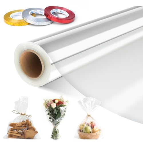 86CM x 30M Carta Trasparente per Confezioni, 3 Mil Cellophane per Imballaggio, Cellofan Carta da Regalo con 3 Rotoli di Nastro da 10m per Fiori, Regali, Cesti, Imballaggi Artistici