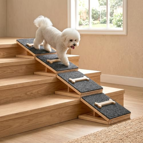 4PCS Folding Dog Ramp for Stairs Steps Sofa Adjustable Ramps for Small Dogs | Wooden Pet Steps Portable Dog Stairs with Anti-Slip Carpet, Pet Ramps for Small Medium Senior Injured Dog Cat