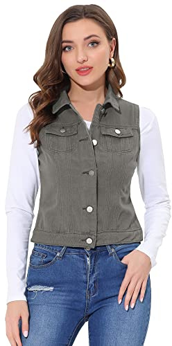 Allegra K Damen Jeansweste Ärmellos Knopfleiste Sommer Denim Revers Jacke Westen mit Taschen Grau M