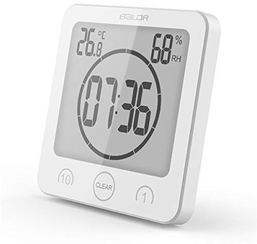 HOPAS Digital Bathroom Shower Wall Clock Timer with Alarm, Waterproof for Water Spray, Touch Screen Timer, Temperature Humidity Display with Suction Cup Hanging Hole (White)
