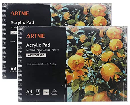 Artme A4 Acrylpapier x 12 Blatt - 2PK - 400gsm Acrylblock/Extra Schweres/Kaltgepresstes/Säurefreies, Nasses Und Trockenes Medium - Hochwertiges Zeichenpad Acryl- Und Gouachemalerei (2 Packungen)