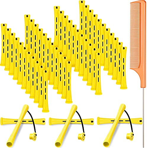 48 Tiges de Permanente de Cheveux Tige de Vague Froide Courte Tiges de Perm en Plastique Rouleaux Bigoudis avec Peigne de Queue en Acier Peigne de Queue de Rat (0,28 Pouce, Jaune et Orange)
