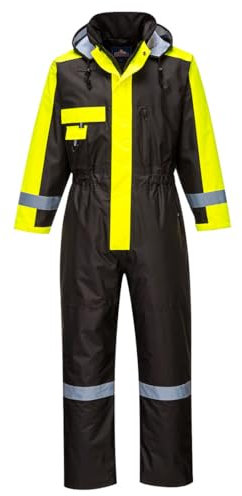 Portwest S585 Men's Hi Vis Winter Work Overalls Waterproof Protective Boiler Suit 300D Polyester Coveralls Durable Thermal Lined Workwear Rain Suit Black, Medium