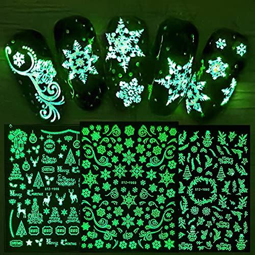 9 Blatt Nagelsticker Weihnachten Nagelaufkleber Selbstklebend Schneeflocken Reindeer Muster Leuchtend Nail Art Sticker Dekoration Nageldesign Zubehör - Glühen