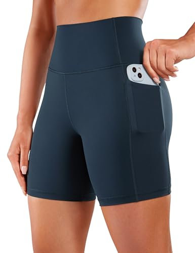CRZ YOGA Mujeres Yoga Pantalones Cortos - 15 cm Cintura Alta Motociclista Pantalones Cortos con Bolsillos True Navy - 6'' 42