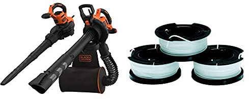 BLACK+DECKER Beblv300-Qs - Soffiatore Elettrico Trituratore, Aspiratore Foglie Capacità Di Raccolta 50 Litri & A6485-Xj Kit 3 Rocchetti Filo Nylon Reflex, Accessori Per Tagliabordi, 3 X 10 M Di Filo
