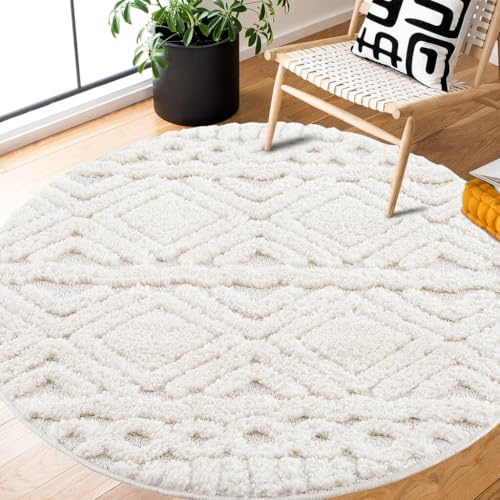 payé Teppich Rund - Hochflor - Boho - Pastell Creme - 120x120cm - Einfarbig - Modern Raute Ornamente - Skandinavisch Flauschig Weich - Wohnteppich Schlafzimmer Dekoration