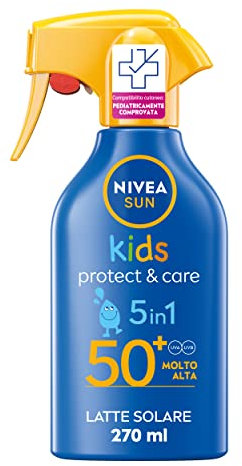 NIVEA SUN Kids Maxi Spray Protect & Care SPF 50+ 270 ml, Crema solare 50 bambini 3+ anni, Protezione solare 50 bambini spray extra resistente all'acqua e al sudore con Pantenolo, Vitamina C & E