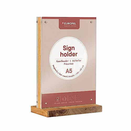EUROPEL Luxuriöse Tischaufsteller A5, Sockel und Rücken aus FSC-zertifizierter Eichenholz, hochwertige glasklare Acrylplatten mit 8 Magneten, zweiseitige Präsentation, für Restaurants, Hotels