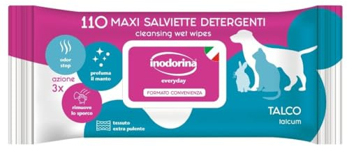 Inodorina Toallitas Desinfectantes para Perros y Gatos Talco (110 Unidades). Toallitas Húmedas de Higiene para Mascotas, Tejido Resistente Sin Alcohol., Azul