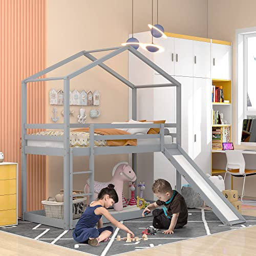kubeier Letto a Castello 90 x 200 cm con Scivolo, Letto A Castello con Scala E Due Piani, per Qualsiasi Stanza, Ottimo Regalo per Bambini, Ragazzi e Ragazze, Telaio in Legno di Pino,Grey