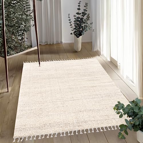 payé Hochflor-Teppich Wohnzimmer Cream - 120x160cm - Meliert mit Fransen - Weiche Schlafzimmer-Teppiche für gemütliche Wohnatmosphäre