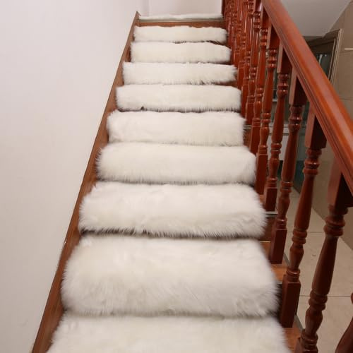 Hearda Treppenstufen Matten, Plüsch Treppe Treppenteppich, 2 Stück Stufenmatten Treppenteppich Antirutschmatte Innenbereich für Schutz Kinder, Ältere (25x85cm,Weiß)