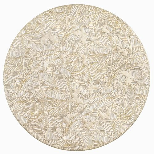 fanquare Round Vinyl Placemats, Gold Round Leaf Butterfly Placemats, Non-slip Hear Resistant Table Mat, Hollow Place Mats for Christmas Dining Table Kitchen