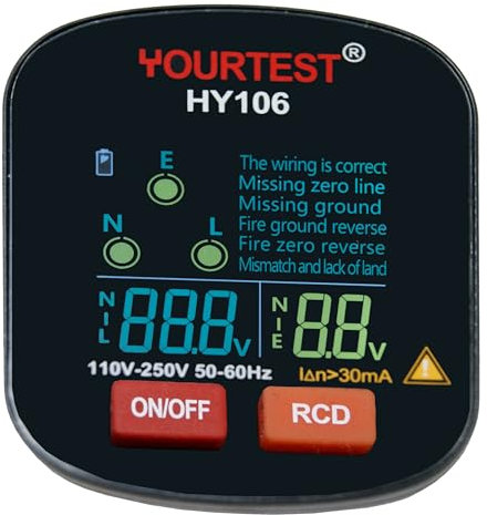 Digital Full Screen Socket Tester, Mains Outlet Tester with LCD Voltage Meters and Connectivity Display, RCD Tester, Measures Live-Neutral and Neutral-Earth, Fault Indication for Missing Connection