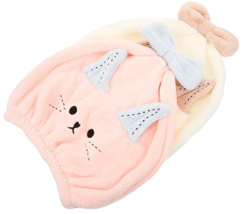 Haartrocknungshaube aus Korallenfleece mit Schleife, 2 Stück | Weiß und Rosa, Langes Katzenohr Design, Weich und Wasserabsorbierend, für Baden und Gesichtwaschen