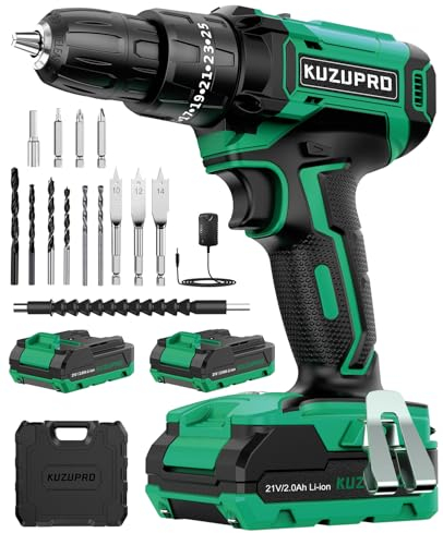 KUZUPRO Trapano Avvitatore Batteria 21V, Avvitatore a Batteria con 2 Batterie da 2.0Ah, 42N.m di Coppia, 25+3 Coppia, 2 Velocità, 14 Accessori, Luce a LED, Per il fai da te, in Casa e Giardino
