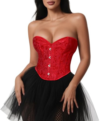VONMELLI Bustier Korsett Top Spitze Überbrust Shapewear Dessous Cosplay Kostüm Rot L