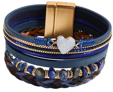 KunBead Sparkly Heart Blue Leather Wrap Bracelets for Women Handmade Braided Boho Multilayer Magnetic Buckle Bracelet Wristband Cuff Bangle