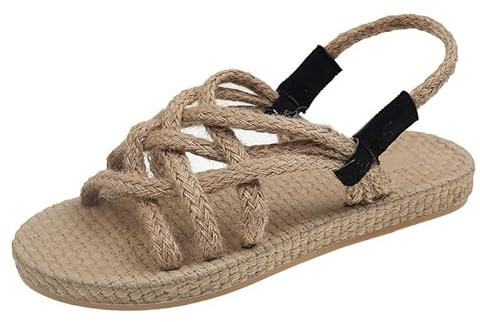 DUOMIYX Sandalen Frauen Retro Hanf Seil Sandalen Casual Vielseitige Strand Sandalen-Khaki-36