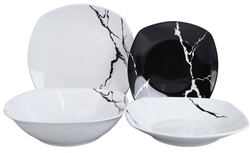 Servizio Piatti 19 Pezzi Per 6 Persone | Resistente Porcellana Bianca e Nera Design Moderno Marmorizzato Elegante Raffinato | Uso Quotidiano, Occasioni Speciali, Lavabile in Lavastoviglie