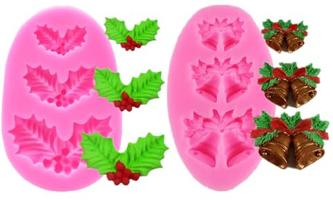 2 PCS Christmas Silicone Moulds Fun Leaf Mould Holly Leaf Bell Fondant Moulds Christmas Chocolate Moulds for Christmas,Cake Decoration or Lollipop Chocolate Decoration