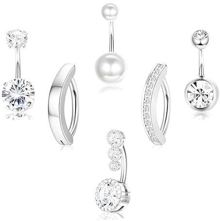 Hautllaif 6pc Belly Button Rings Set - Stainless Steel Dangly Belly Bars 14G Heart Bow Navel Piercing Jewelry for Women & Girls