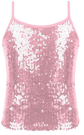 inlzdz Barn flickor glänsande linne linne linne glitter paljetter axelbandstopp undertröja dans topp t-shirt rave party topp performance kostym, ROSA, 170-176