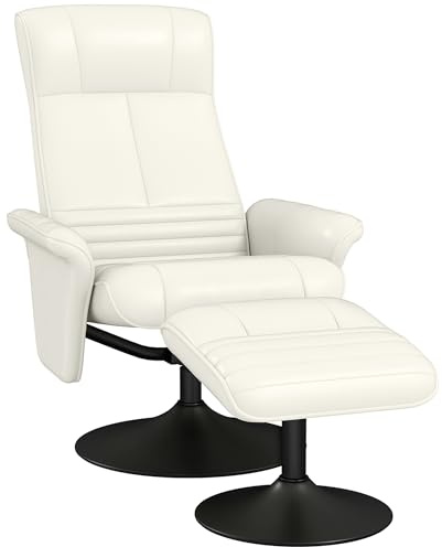HOMCOM Relaxsessel mit Hocker Fernsehsessel mit Mikrofaser-Optik Cremeweiß | Liegefunktion, Gepolsterter TV Sessel, 360° Drehbar, für Wohnzimmer