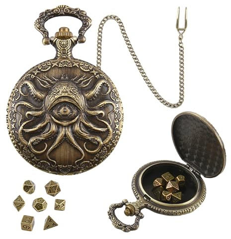 ORUZA Mini DND Würfel Set, 7 Stück Polyedrische D&D Würfel mit Einäugiger Oktopus Metall Taschenuhrgehäuse Dungeons and Dragons RPG MTG Rollenspiele Tischspiele Würfel