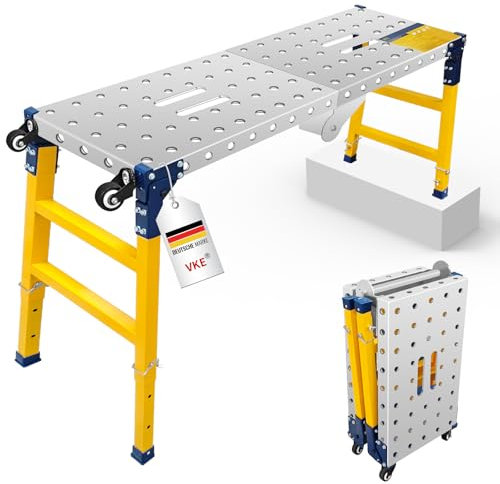 VKE Plateforme de Travail en Tôle Galvanisée, 500 KG Capacité de Charge, Échafaudage Portable, Pieds Antidérapants, Table de Soudure Pliant avec 4 roulettes Universelles, Réglable en Hauteur