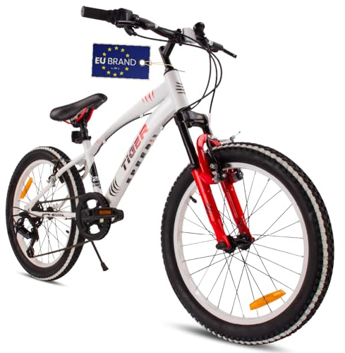 sun baby Jungenfahrrad 20 Zoll Radgröße Kinderfahrrad Tiger Bike Jungen, zur Auswahl 6 Gang Shimano, von 6 bis 10 Jahre verstellbare (Weiß Rot)