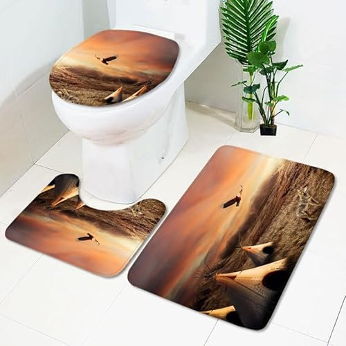 Badezimmerteppich Orange Braun Retro WC Vorleger mit Ausschnitt WC Deckelbezug 3 Teiliges WC Teppich rutschfeste Badgarnitur U förmiger Badematte Waschbar Bad Teppiche Set 45x75 cm