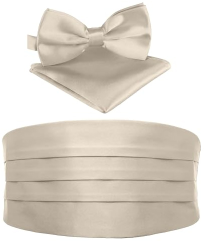 BomGuard Faja de Esmoquin cintura - fajines para hombre cabalerro + pajarita + pañuelos -Set de 3 piezas, champan