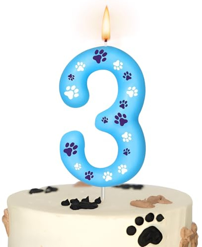 Vela de Cumpleaños Número 3 con Diseño de Pata de Perro Azul, Decoración para Pastel, Ideal para Fiestas de Niños y Niñas, para Cumpleaños con Temática de Huellas de Perro