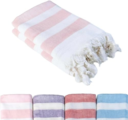Loomvia - 2er-Set - 90x180 cm - Dünn & transparent - seidig weiches Pestemal für Damen - Bambus & Baumwolle - farbecht und langlebig Dank gewebter Streifen - Dekoratives Geschenk Hamamtuch - Rosa