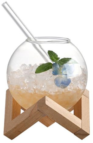 Kelisdi Taza de cristal transparente Ronud con soporte de madera, para cócteles, zumos de frutas, cristalería, vino, cócteles
